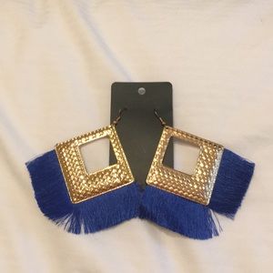 Gold and Blue Fringe Earrings